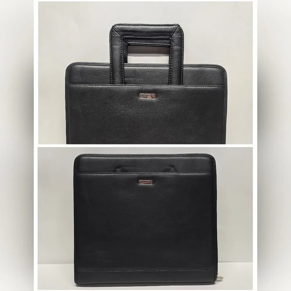 Franklin Covey Black Leather Zipper 3 Ring Binder Briefcase Retractable Handles